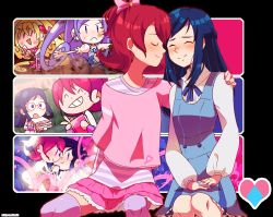 Rule 34 | 2girls, :d, ^ ^, aida mana, arm around shoulder, bad id, bad tumblr id, blonde hair, blouse, blue hair, blush, book, bow, closed eyes, couple, cure diamond, cure heart, diamond (shape), dirty, dokidoki! precure, eye contact, closed eyes, glasses, grin, half updo, hand on shoulder, happy, heart, henshin, hishikawa rikka, holding hands, imminent kiss, long hair, looking at another, multiple girls, open mouth, pink bow, pink eyes, pink hair, pink shirt, precure, purple hair, school uniform, shirt, short hair, sitting, smile, tricky, yuri