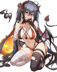 Rule 34 | 1girl, absurdres, ahoge, azur lane, bandaged arm, bandaged leg, bandages, bare shoulders, bat wings, black hair, black thighhighs, blush, breast suppress, breasts, cleavage, collarbone, demon girl, demon tail, elbow gloves, familiar, gloves, hair between eyes, hair ornament, highres, horns, jack-o&#039;-lantern, large breasts, long hair, looking at viewer, navel, parted lips, red eyes, revealing clothes, single elbow glove, smile, solo, stomach, taihou (azur lane), tail, thigh strap, thighhighs, thighs, very long hair, wings, yukiaka