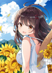 Rule 34 | 1girl, :d, antenna hair, bare shoulders, blue sky, blush, breasts, brown eyes, brown hair, brown hat, cloud, cloudy sky, commentary request, day, dress, flower, hair between eyes, hair ornament, hairclip, hat, hat on back, long hair, looking at viewer, looking to the side, medium breasts, myuton, open mouth, original, outdoors, petals, sky, sleeveless, sleeveless dress, smile, solo, sunflower, white dress, x hair ornament, yellow flower