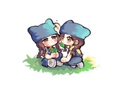 Rule 34 | 2girls, animification, ao izumi, bae (nmixx), black eyes, blue headwear, blue overalls, blush, braid, brown eyes, chibi, clover, eating, four-leaf clover, grass, grey footwear, headpat, highres, k-pop, looking at another, looking up, multiple girls, nmixx, overalls, real life, shoes, sitting, smile, sneakers, sullyoon (nmixx), twin braids, white background