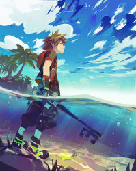 Rule 34 | 1boy, air bubble, beach, belt, blue sky, brown hair, bubble, cloud, day, closed eyes, fingerless gloves, gloves, hood, hood down, hoodie, island, jacket, keyblade, kingdom hearts, kingdom hearts iii, male focus, nature, ocean, palm tree, paopu fruit, partially submerged, partially underwater shot, plant, sand, seaweed, shoes, sky, sneakers, solo, sora (kingdom hearts), spiked hair, standing, toni infante, tree, underwater, unzipped, wading, water, weapon, wet, wet hair