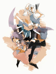 Rule 34 | 2girls, apron, ascot, bad id, bad pixiv id, bat wings, between fingers, black legwear, blue dress, blue hair, boots, braid, dress, frilled sleeves, frills, gradient background, holding, holding knife, inthecave, izayoi sakuya, knife, knives between fingers, looking back, looking to the side, maid, maid apron, maid headdress, multiple girls, no headwear, pink dress, red eyes, remilia scarlet, shirt, short hair, silver hair, sleeveless, sleeveless dress, smile, thigh boots, thighhighs, touhou, transparent wings, white shirt, wings