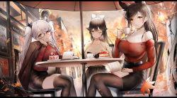 Rule 34 | 4girls, absurdres, animal ears, antenna hair, atago (azur lane), autumn, autumn leaves, azur lane, bare shoulders, black hair, black skirt, blazer, bow, breasts, brown jacket, brown legwear, cake, cake slice, chair, cheek rest, closed mouth, commentary request, cup, food, formidable (azur lane), hair bow, hair ribbon, highres, holding, holding cup, jacket, jacket on shoulders, large breasts, leaf, falling leaves, letterboxed, long hair, long sleeves, looking at viewer, maple leaf, multicolored hair, multiple girls, off-shoulder shirt, off shoulder, one eye closed, orange eyes, outdoors, pantyhose, parayang, pencil skirt, plate, ponytail, prinz eugen (azur lane), red shirt, ribbon, road, shirt, shirt tucked in, sign, sitting, skirt, smile, streaked hair, street, table, takao (azur lane), thighhighs, tree, two side up, umbrella, watch, white bow, wing collar, wristwatch, zettai ryouiki