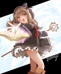 Rule 34 | 1girl, black hairband, black panties, blush, book, boots, breasts, brown dress, brown eyes, brown footwear, brown hair, commentary request, cropped jacket, dress, frilled dress, frills, hair between eyes, hairband, hat, head tilt, highres, holding, holding staff, jacket, knee boots, long hair, long sleeves, looking at viewer, looking to the side, magic circle, medium breasts, mini hat, mini witch hat, necktie, non (wednesday-classic), open book, open mouth, original, outstretched arm, panties, plaid necktie, plaid neckwear, purple hat, purple jacket, red necktie, side-tie panties, solo, staff, thighs, tilted headwear, underwear, upside-down text, witch hat