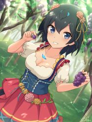 Rule 34 | 1girl, :d, absurdres, artist name, black hair, blue eyes, breasts, cleavage, collarbone, commentary, day, dutch angle, flower, food, fruit, grapes, hair between eyes, hair flower, hair ornament, head wings, highres, holding, jewelry, kemono friends, kemono friends 3, light rays, looking at viewer, medium breasts, open mouth, outdoors, pendant, puffy short sleeves, puffy sleeves, shiraha maru, short hair, short sleeves, smile, solo, superb bird-of-paradise (kemono friends), underbust, wings