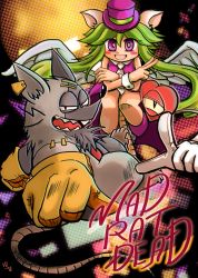 Rule 34 | 1girl, 2boys, animal ears, blush stickers, breasts, ear tag, gloves, green hair, hat, heart (mad rat dead), highres, leotard, mad rat, mad rat dead, mouse (animal), mouse ears, mouse girl, mouse tail, multiple boys, nippon ichi, rat god, red eyes, stitches, tail, tie clip, top hat, wings, wrist cuffs