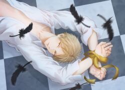 Rule 34 | 1boy, bdsm, black feathers, blonde hair, bondage, bound, collarbone, collared shirt, falling feathers, feathers, given, highres, kashima hiiragi (given), long sleeves, lying, male focus, motion blur, on back, on floor, open clothes, open shirt, shirt, solo, tile floor, tiles, umi8315, white shirt, yellow eyes