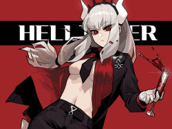 Rule 34 | 1girl, alcohol, belt, blood, breasts, copyright name, cup, demon girl, demon horns, dress shirt, drinking glass, emblem, expressionless, formal, gloves, gogalking, hairband, helltaker, highres, horns, jacket, long hair, looking at viewer, lucifer (helltaker), medium breasts, mole, mole under eye, necktie, open clothes, open shirt, pants, red background, red eyes, red shirt, shirt, simple background, solo, suit, tiara, white hair, white horns, wine, wine glass
