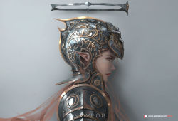 Rule 34 | 1girl, armor, backlighting, closed mouth, commentary, from side, ghostblade, grey background, halo, helmet, long hair, mechanical halo, patreon logo, patreon username, pauldrons, pink eyes, pink hair, pink lips, plate armor, pointy ears, profile, sarlia (ghostblade), shoulder armor, solo, upper body, very long hair, wlop