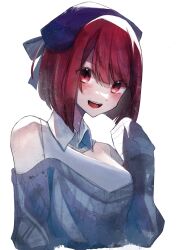 Rule 34 | 1girl, absurdres, arima kana, beret, blue hat, blush, bob cut, happy, hat, hat ribbon, highres, inverted bob, jigsaw paru, looking at viewer, open mouth, oshi no ko, red eyes, red hair, ribbon, short hair, simple background, smile, solo, sweater, upper body, white background