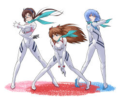 Rule 34 | 3girls, ass, ayanami rei, blue eyes, blue hair, blue scarf, breasts, brown hair, closed mouth, commentary request, evangelion: 3.0+1.0 thrice upon a time, from behind, glasses, grin, highres, long hair, makinami mari illustrious, medium breasts, multiple girls, neon genesis evangelion, official alternate costume, plugsuit, rebuild of evangelion, red-framed eyewear, red eyes, sashimi (sasihmi), scarf, short hair, smile, souryuu asuka langley, white background