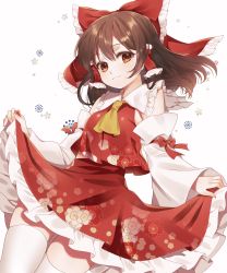 Rule 34 | 1girl, abe suke, absurdres, ascot, bow, brown eyes, brown hair, closed mouth, commentary request, cowboy shot, derivative work, detached sleeves, floating hair, floral print, frilled bow, frilled shirt collar, frilled skirt, frills, hair bow, hair tubes, hakurei reimu, haruki (colorful macaron), highres, looking at viewer, midriff peek, nail polish, pink nails, red bow, red skirt, ribbon-trimmed sleeves, ribbon trim, simple background, skirt, skirt hold, skirt set, solo, thighhighs, touhou, white background, white thighhighs, yellow ascot, zettai ryouiki