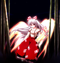 Rule 34 | 1girl, :o, bamboo, bamboo forest, black background, bow, breasts, female focus, fiery wings, forest, fujiwara no mokou, hair bow, long hair, maroppe, multiple hair bows, nature, night, outdoors, pants, plant, red eyes, ribbon, shirt, silver hair, solo, standing, suspenders, touhou, wings