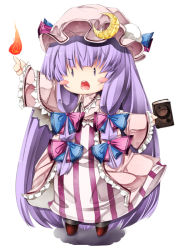 Rule 34 | 1girl, arm up, blush, blush stickers, book, bow, chibi, coat, crescent, dress, female focus, fire, hair bow, hair ribbon, hat, long hair, long sleeves, open clothes, open coat, open mouth, patchouli knowledge, purple eyes, purple hair, ribbon, solo, striped clothes, striped dress, sugiyuu, touhou, very long hair, wide sleeves, | |