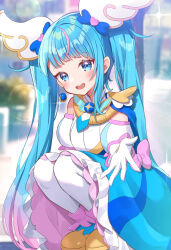 Rule 34 | 1girl, blue cape, blue dress, blue eyes, blue footwear, blue hair, blurry, blurry background, boots, bow, brooch, cape, commentary, cure sky, cut bangs, day, depth of field, detached sleeves, dress, dress bow, earrings, fingerless gloves, gloves, highres, hirogaru sky! precure, jewelry, lens flare, long hair, looking at viewer, magical girl, medium dress, multicolored hair, open mouth, outdoors, pantyhose, pink bow, pink hair, precure, puffy detached sleeves, puffy sleeves, reaching, reaching towards viewer, shuu (mniarnoakou), single earring, single sidelock, sleeveless, sleeveless dress, smile, solo, sora harewataru, sparkle, squatting, streaked hair, twintails, twitter username, two-tone dress, very long hair, white dress, white gloves, white pantyhose, wing brooch, wing hair ornament