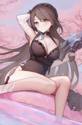 Rule 34 | 1girl, absurdres, afloat, air mattress, arknights, arm up, armpits, bare legs, blacknight (arknights), blacknight (summer flower) (arknights), blush, breasts, brown hair, brown one-piece swimsuit, casual one-piece swimsuit, cherry blossoms, cleavage, closed mouth, creature, elbow gloves, gloves, hand in own hair, highres, holding, holding water gun, horns, jean.organ, large breasts, long hair, looking at viewer, mole, mole above eye, mole on breast, official alternate costume, one-piece swimsuit, single glove, sitting, soaking feet, solo, swimsuit, tassel, v-shaped eyebrows, very long hair, water, water gun, white gloves, yellow eyes