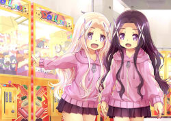 Rule 34 | + +, 2girls, 54hao, :d, brown skirt, commentary request, cowboy shot, crane game, fingernails, forehead, hair ornament, highres, hood, hood down, hooded jacket, indoors, jacket, long hair, matching outfits, multiple girls, nail polish, open mouth, original, outstretched arm, parted bangs, pink jacket, pink nails, pleated skirt, pointing, purple eyes, purple hair, siblings, sisters, skirt, smile, twins, very long hair, white hair, x hair ornament