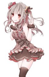 Rule 34 | 1girl, :q, ahoge, bare shoulders, belt, black scrunchie, black skirt, black thighhighs, blush, bow, braid, breasts, closed mouth, commentary request, dress, gradient hair, grey dress, grey hair, hair bow, hair bun, hand on own cheek, hand on own face, hand up, highres, lace trim, long hair, looking at viewer, miniskirt, multicolored hair, nail polish, nanase eka, one side up, original, red bow, red eyes, red hair, red nails, scrunchie, sidelocks, simple background, single hair bun, skirt, small breasts, smile, solo, standing, strapless, strapless dress, thighhighs, tongue, tongue out, two-tone hair, white background, wrist scrunchie, zettai ryouiki