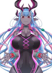 Rule 34 | 1girl, :&gt;, absurdres, aqua hair, artist request, ass, black one-piece swimsuit, breast cutout, breasts, cleavage cutout, clothing cutout, colored inner hair, colored skin, curvy, fate/grand order, fate (series), fingernails, green nails, grey skin, highleg, highleg swimsuit, highres, horns, ibuki douji (fate), ibuki douji (swimsuit berserker) (fate), long hair, looking at viewer, multicolored hair, nail polish, one-piece swimsuit, oni, oni horns, pink hair, pink one-piece swimsuit, ponytail, red eyes, shiny skin, simple background, swimsuit, two-tone hair, two-tone swimsuit, very long hair, whistle, white background, wide hips