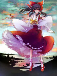 Rule 34 | 1girl, ascot, bobby socks, bow, expressionless, female focus, floating, frills, gohei, hair bow, hair tubes, hakurei reimu, japanese clothes, light particles, long hair, long sleeves, looking at viewer, machika (machikan), mary janes, miko, ponytail, purple eyes, purple hair, red ribbon, ribbon, shoes, skirt, socks, solo, sunset, touhou, white socks, wide sleeves