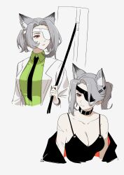 Rule 34 | 1girl, absurdres, alternate costume, animal ear fluff, animal ears, arknights, bag, black collar, black jacket, black necktie, black tank top, breasts, cleavage, coat, collar, collared shirt, commentary request, cropped torso, eyepatch, green shirt, grey hair, hair up, highres, holding, holding bag, jacket, large breasts, looking to the side, multiple views, necktie, orange eyes, parted lips, ponytail, quartz (arknights), scar, scar on arm, shirt, short hair, signature, simple background, sketch, spaghetti strap, suika aji, tank top, undressing, white background, white coat, wolf ears, wolf girl