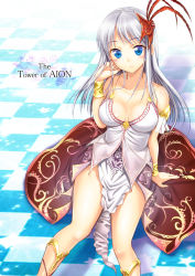 Rule 34 | 1girl, aion, bad id, bad pixiv id, blue eyes, blush, breasts, character request, checkered floor, copyright name, floor, hair ornament, large breasts, light smile, long hair, shigemiya kyouhei, silver hair, solo