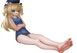 Rule 34 | 1girl, barefoot, blonde hair, blue eyes, crossed arms, dokomon, feet, girls&#039; frontline, hat, highres, long hair, one-piece swimsuit, parted lips, short twintails, soles, super-shorty (girls&#039; frontline), swimsuit, toes, twintails