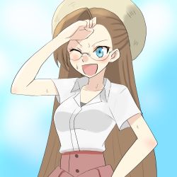 Rule 34 | 1girl, blue background, blue eyes, blue sky, blush, breasts, brown hair, check commentary, collared shirt, commentary, commentary request, eyelashes, female focus, hat, highres, katarina claes, long hair, looking at viewer, medium breasts, one eye closed, open collar, open mouth, otome game no hametsu flag shika nai akuyaku reijou ni tensei shite shimatta, red skirt, shirt, short sleeves, simple background, skirt, sky, smile, solo, sweat, tekisui, upper body, white shirt, wiping forehead, wiping sweat