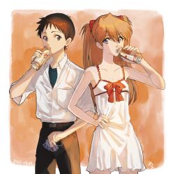 Rule 34 | 1boy, 1girl, 2022, absurdres, arano nknk, bare arms, bare legs, bare shoulders, black hair, blue eyes, breasts, brown hair, cup, dated, dress, drink, drinking glass, hair ornament, hand on own hip, highres, holding, holding drink, ikari shinji, interface headset, long hair, looking at viewer, neon genesis evangelion, school uniform, shiny skin, short hair, simple background, small breasts, smile, souryuu asuka langley, standing, twintails