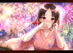 Rule 34 | 1girl, absurdres, aerial fireworks, alternate costume, black hair, blurry, blurry background, blush, bridge, closed mouth, collarbone, commentary request, depth of field, fireworks, floral print, flower, folded ponytail, hair flower, hair ornament, hair ribbon, hands up, highres, japanese clothes, kaguya-sama wa kokurasetai ~tensai-tachi no renai zunousen~, kimono, letterboxed, looking at viewer, nose blush, parted bangs, pink flower, pink kimono, print kimono, red eyes, red ribbon, ribbon, shinomiya kaguya, short sleeves, solo, summer, upper body, wavy mouth, wide sleeves, yukata, yukiunag1