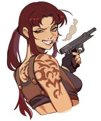 Rule 34 | 1girl, back tattoo, black lagoon, black sports bra, blood, blood on face, brown eyes, cigarette, from behind, from side, frown, grin, gun, handgun, highres, holding, holding gun, holding weapon, long hair, looking at viewer, looking back, parted bangs, ponytail, porqueloin, red hair, red pupils, revision, revy (black lagoon), shoulder tattoo, sidelocks, simple background, smile, smoke trail, smoking, solo, sports bra, tattoo, upper body, weapon, white background