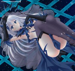 Rule 34 | 1girl, armpits, ass, black gloves, blue bow, blue eyes, blue feathers, blue gemstone, blue skirt, blush, bow, breasts, crown, date a live, elbow gloves, feather-trimmed gloves, feathers, gem, gloves, hair between eyes, hair bow, helvetica std, highres, knees up, legs, long hair, looking at viewer, medium breasts, no panties, see-through, silver hair, skirt, smile, solo, thighhighs, thighs, tobiichi origami, underboob, veil