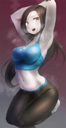 Rule 34 | 1girl, armpits, arms up, bare arms, bra, breasts, brown hair, colored skin, female focus, grey eyes, heavy breathing, hot, kazo (kazozakazo), large breasts, long hair, looking at viewer, midriff, navel, nintendo, open mouth, pale skin, pants, solo, sports bra, steam, sweat, training bra, underwear, very long hair, white skin, wii fit, wii fit trainer, wii fit trainer (female)