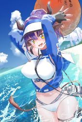 Rule 34 | 1girl, :d, animal ears, arknights, ball, beach, beachball, between breasts, bikini, black gloves, blue jacket, blue sky, blush, bottle, breasts, cityscape, cow ears, cow girl, cow horns, cow tail, day, dutch angle, fingerless gloves, gloves, hat, highres, holding, holding ball, horns, jacket, large breasts, long sleeves, looking at viewer, navel, nnoco chainsaw, ocean, official alternate costume, open clothes, open jacket, open mouth, outdoors, short hair, short ponytail, sideroca (arknights), sideroca (light breeze) (arknights), sky, smile, solo, sparkle, stomach, strap between breasts, swimsuit, tail, thigh strap, visor cap, water, white bikini, white hat