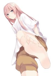 Rule 34 | 1girl, barefoot, blue eyes, blush, feet, foot focus, girly air force, gripen (girly air force), highres, ju yorimoto, long hair, looking at viewer, pink hair, pov, shorts, soles, toes