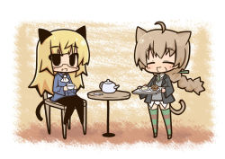 Rule 34 | 2girls, animal ears, blonde hair, brown hair, cake, cat ears, cat tail, chair, food, glasses, luu, lynette bishop, multiple girls, pantyhose, perrine h. clostermann, strike witches, striped clothes, striped legwear, striped thighhighs, table, tail, tea, teapot, thighhighs, world witches series
