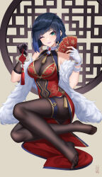 Rule 34 | 1girl, absurdres, bare shoulders, black pantyhose, blue hair, breasts, china dress, chinese clothes, chinese commentary, cleavage, commentary request, diagonal bangs, dice, dress, elbow gloves, fingerless gloves, genshin impact, gloves, green eyes, highres, jewelry, large breasts, legs, looking at viewer, mole, mole on breast, no shoes, one eye closed, pantyhose, qi xuan, short hair, sitting, smile, soles, solo, thighs, white gloves, yelan (genshin impact)