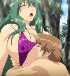 Rule 34 | 1boy, 1girl, age difference, asaki hiroki, between breasts, bikini, blush, breast smother, breasts, brown hair, closed eyes, face to breasts, green hair, head between breasts, hetero, highres, huge breasts, large breasts, misuzu yukiko, one-piece swimsuit, outdoors, palm tree, purple one-piece swimsuit, revealing clothes, school nurse, screencap, shion ~zankoku na mahou no tenshi~, sideboob, slingshot swimsuit, stitched, swimsuit, teacher and student, third-party edit, tree, underboob