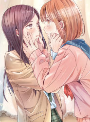 Rule 34 | 2girls, :t, black hair, blue sailor collar, blush, brown eyes, brown hair, closed mouth, collared shirt, commentary request, eye contact, fingernails, green necktie, hand on another&#039;s face, hands on another&#039;s cheeks, hands on another&#039;s face, highres, long hair, long sleeves, looking at another, multiple girls, neckerchief, necktie, original, pink sweater, plaid, plaid necktie, plaid neckwear, plaid skirt, pleated skirt, profile, red neckerchief, sailor collar, school uniform, serafuku, shirt, short hair, skirt, sparkle, strawberry (akira-love), sweater, tearing up, tears, white shirt, yuri