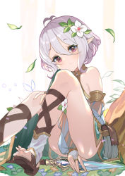 Rule 34 | 1girl, blush, breasts, elf, flower, hair ornament, kokkoro (princess connect!), looking at viewer, mizopost, pointy ears, princess connect!, red eyes, small breasts, white hair