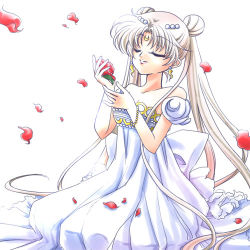 Rule 34 | 1990s (style), 1girl, bare shoulders, bishoujo senshi sailor moon, crescent, crescent facial mark, double bun, dress, earrings, closed eyes, facial mark, flower, jewelry, long hair, lowres, petals, princess serenity, puffy sleeves, red flower, red rose, retro artstyle, rose, rose petals, shirataki kaiseki, smile, solo, strapless, strapless dress, tsukino usagi, twintails, white background, white dress, white hair, white theme