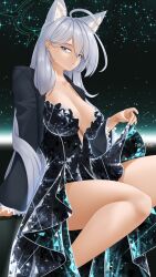 Rule 34 | 1girl, absurdres, animal ears, aqua eyes, arm support, bare legs, blue archive, breasts, broken halo, cleavage, clothes lift, crystal dress, dress, frilled sleeves, frills, grey hair, hair between eyes, halo, highres, large breasts, long bangs, long hair, long sleeves, looking at viewer, mismatched pupils, shiroko (blue archive), shiroko terror (blue archive), simple background, sitting, skirt, skirt lift, sparkle, sparkle background, strapless, strapless dress, takie arts, very long hair, wolf ears, wolf girl