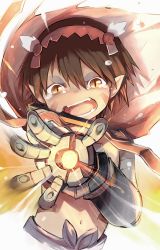 Rule 34 | 1boy, attack, brown hair, cape, commentary request, cyborg, dark skin, energy cannon, energy weapon, facial mark, fantasy, fighting stance, foreshortening, futabamidori, glowing, hairband, helmet, highres, holding, holding weapon, incoming attack, joints, looking at viewer, made in abyss, male focus, mecha, mechanical arms, mechanical parts, navel, open mouth, pointy ears, prosthesis, regu (made in abyss), robot, robot joints, science fiction, serious, short hair, single mechanical arm, stomach, teeth, weapon, yellow eyes