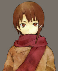 Rule 34 | 1girl, :|, brown background, brown coat, brown eyes, brown hair, closed mouth, coat, commentary, expressionless, hair ornament, iwakura lain, long sleeves, looking at viewer, portrait, red scarf, scarf, serial experiments lain, short hair, simple background, single sidelock, solo, straight-on, totsukemu, upper body, upturned eyes, very short hair, winter clothes, x hair ornament