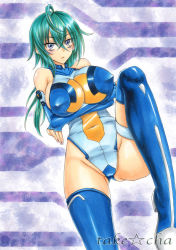 Rule 34 | &gt;:(, 00s, 1girl, ahoge, artist name, bad id, bad pixiv id, bare shoulders, blue thighhighs, blush, breast hold, breasts, covered erect nipples, covered navel, crossed arms, elbow gloves, facial mark, fingerless gloves, frown, gloves, gluteal fold, green hair, huge breasts, kannagi itsuki, knee up, leg up, legs, leotard, long hair, long legs, looking at viewer, marker (medium), nail polish, purple eyes, sideboob, solo, sora wo kakeru shoujo, takecha, thighhighs, thighs, traditional media, v-shaped eyebrows
