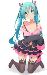 Rule 34 | 1girl, aira (exp), aqua eyes, aqua hair, belt, black bra, black shirt, black skirt, black thighhighs, bra, butterfly hair ornament, collarbone, commentary, frilled skirt, frills, garter straps, hair ornament, hatsune miku, head tilt, highres, honey whip (module), kneeling, lace, lace-trimmed legwear, lace trim, layered skirt, light blush, long hair, looking at viewer, miniskirt, off-shoulder shirt, off shoulder, pout, project diva (series), shirt, skirt, sleeves past fingers, sleeves past wrists, solo, thighhighs, twintails, underwear, vocaloid, white background