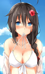 Rule 34 | 10s, 1girl, absurdres, ahoge, bare shoulders, bikini, black hair, blue eyes, blush, braid, breasts, cleavage, flower, hair flower, hair ornament, hair over shoulder, hibiscus, highres, kantai collection, medium breasts, mouth hold, off shoulder, open clothes, open shirt, saku (kudrove), shigure (kancolle), shirt, single braid, sky, solo, swimsuit, upper body, white bikini