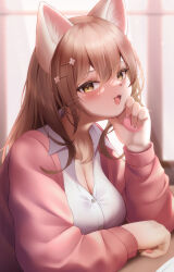 Rule 34 | 1girl, :3, absurdres, animal ears, animal nose, blush, breasts, brown eyes, brown hair, buttons, cardigan, cat ears, cat girl, claws, cleavage, collared shirt, furry, furry female, hair ornament, hairclip, hand on own chin, highres, large breasts, long hair, looking at viewer, open mouth, original, pawpads, sasayuki (kemonoyou), shirt, solo, stroking own chin, whiskers, white shirt