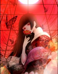Rule 34 | 1girl, bare shoulders, black hair, blunt bangs, bug, butterfly, enma ai, eyelashes, fish tank, flower, flower to mouth, from below, full moon, highres, hime cut, holding, holding flower, insect, japanese clothes, jigoku shoujo, kimono, lips, long hair, looking at viewer, looking down, moon, off shoulder, parted lips, red background, red eyes, red flower, satsuki kei, shawl, sidelocks, sitting, solo, straight hair, transparent, very long hair, yokozuwari