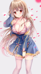 Rule 34 | 1girl, 3:, artist name, bare shoulders, blue dress, blush, bow, bra, braid, breasts, brown eyes, brown hair, cleavage, closed mouth, collarbone, commentary request, covering crotch, covering privates, cowboy shot, dress, floating hair, frilled skirt, frills, hair bow, halterneck, hand on own head, highres, large breasts, long hair, long sleeves, looking at viewer, maeda shiori, melonbooks, off shoulder, original, petals, pink bow, shirt, short dress, side braid, sidelocks, simple background, skirt, smile, solo, sousouman, striped bra, striped clothes, thighhighs, underwear, very long hair, white background, white shirt, white thighhighs, wind